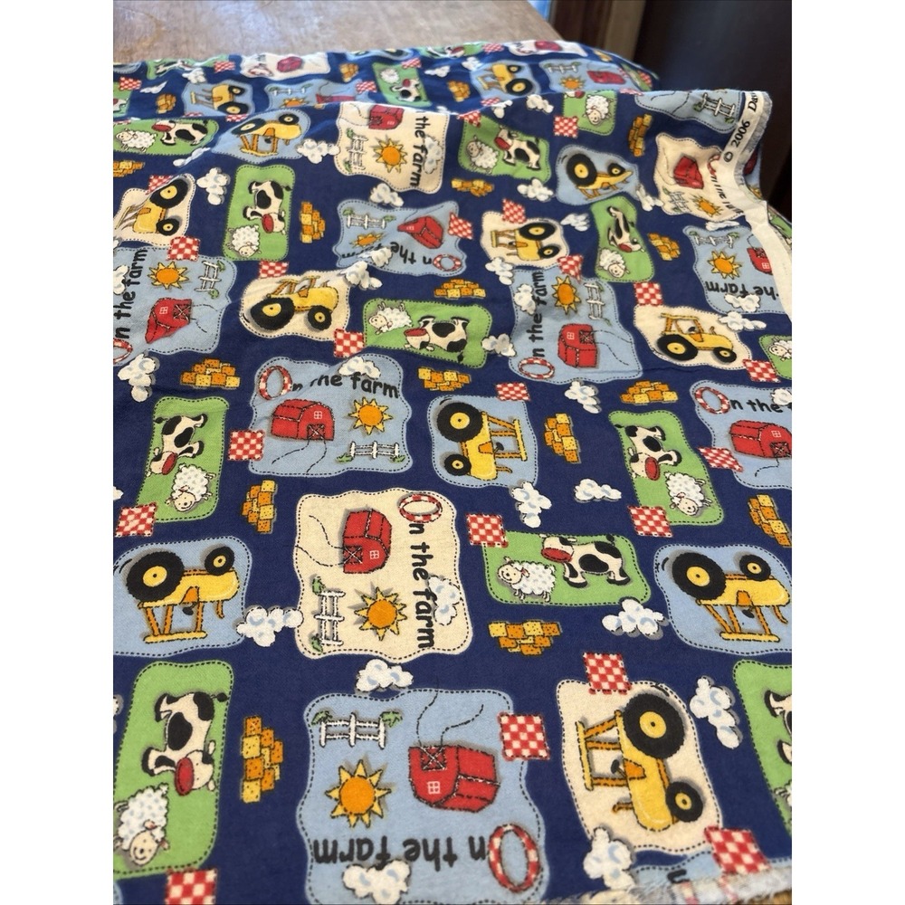 Vintage David Textile Flannel Fabric Farm Animals Tractor Navy Blue Cotton 2006